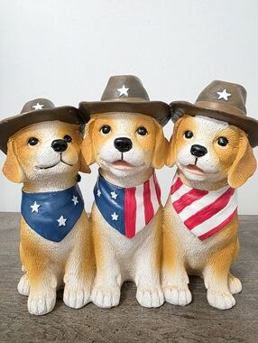 Patriotic 3 Puppies Dogs Figurine with Cowboy Hat and American Flag Bandana New